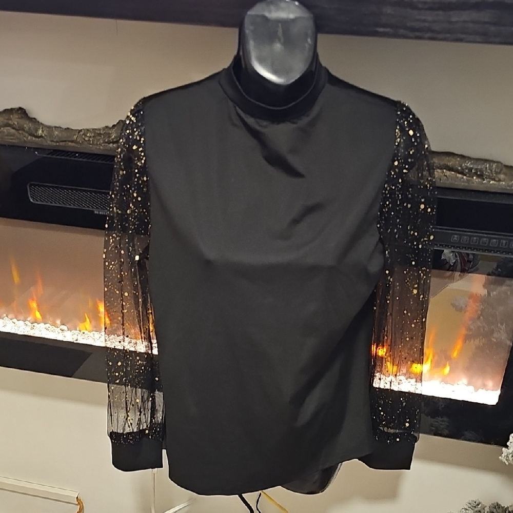 Elegant Black Top with Sheer Sleeves
